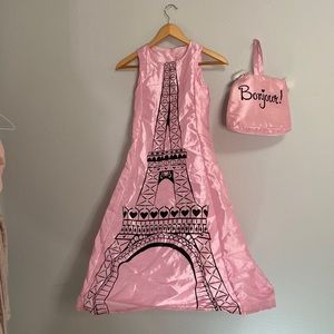 Halloween costume, pink Eiffel Tower hoop dress, with purse.